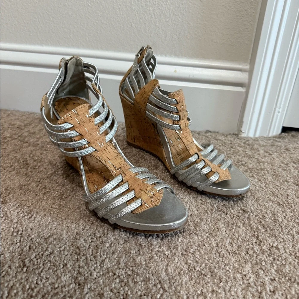 Donald J Pliner Silver Strappy Cork Wedge Sandals 8.5M